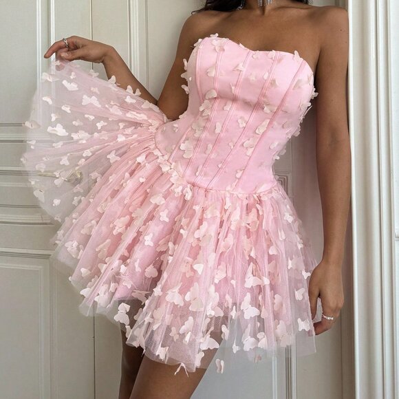 Pink Elegant Women's Cute & Sexy 3d Butterfly Decor Puff Dress - Picture 6 of 7